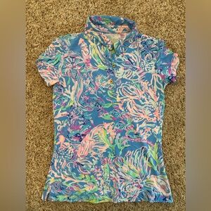 Lilly Pulitzer Blue and Pink Polo Shirt Frida Euc